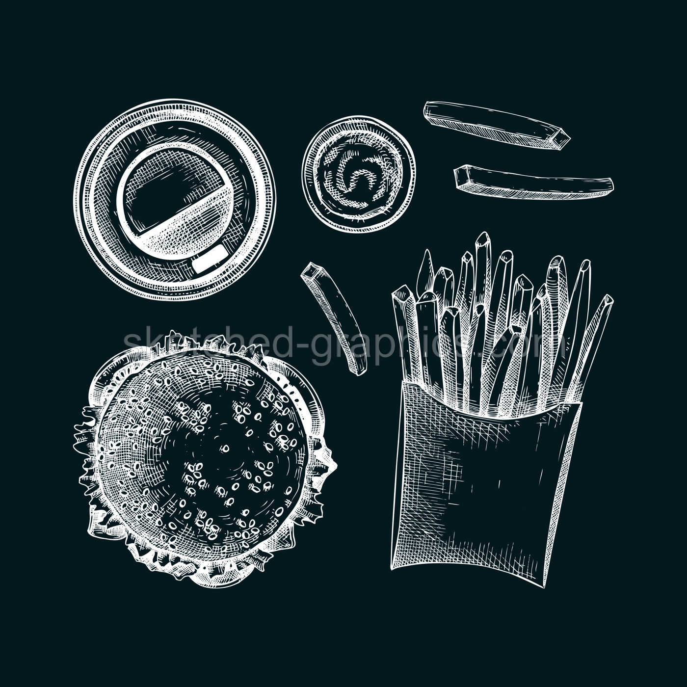 Fast food hand drawn vector illustrations. Burger, coffee cup, French fries sketches on chalkboard. Takeaway food or restaurant delivery service design elements Illustration